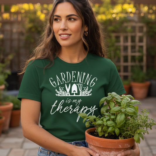 Women's Gardening Is My Therapy t-shirt in forest green — gardening gift for women who find peace in the garden