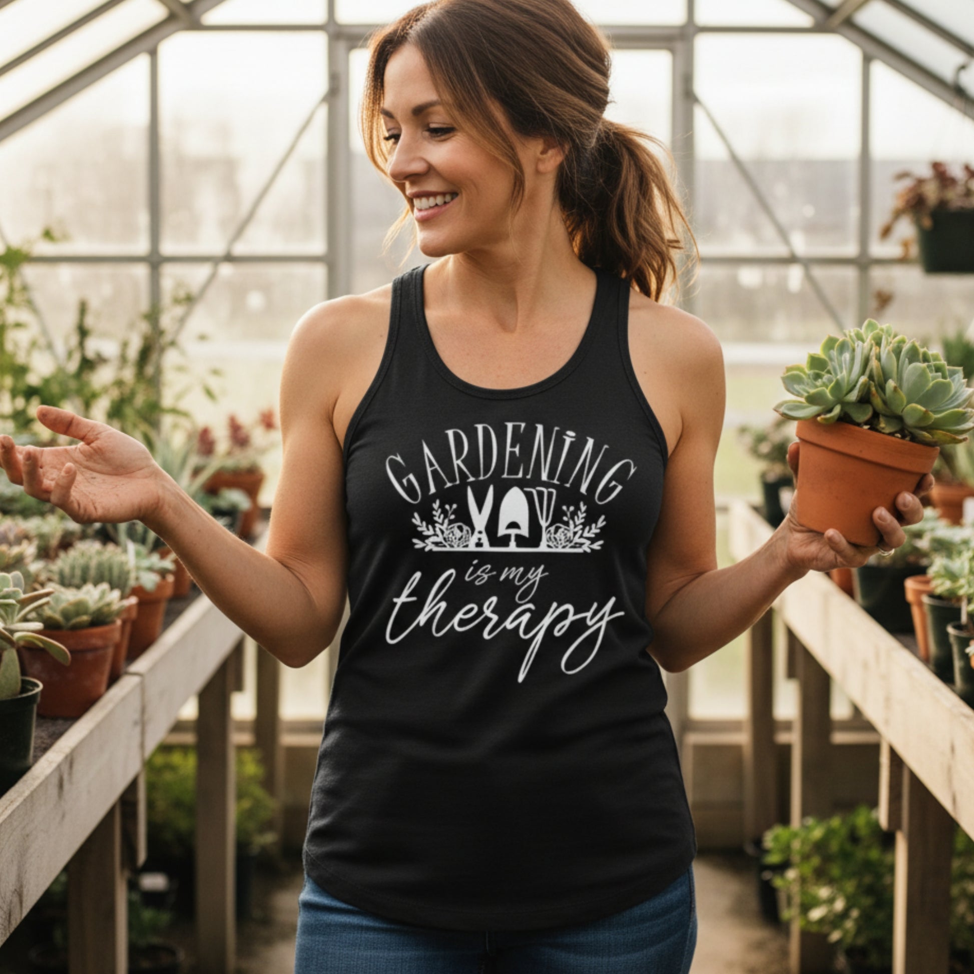 Women's Gardening Is My Therapy racerback tank — gardening gift for women, plant lover tank top for her