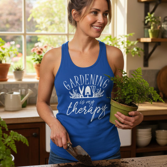Gardening Is My Therapy women's racerback tank — gift for gardeners, women's garden tank top for plant lovers