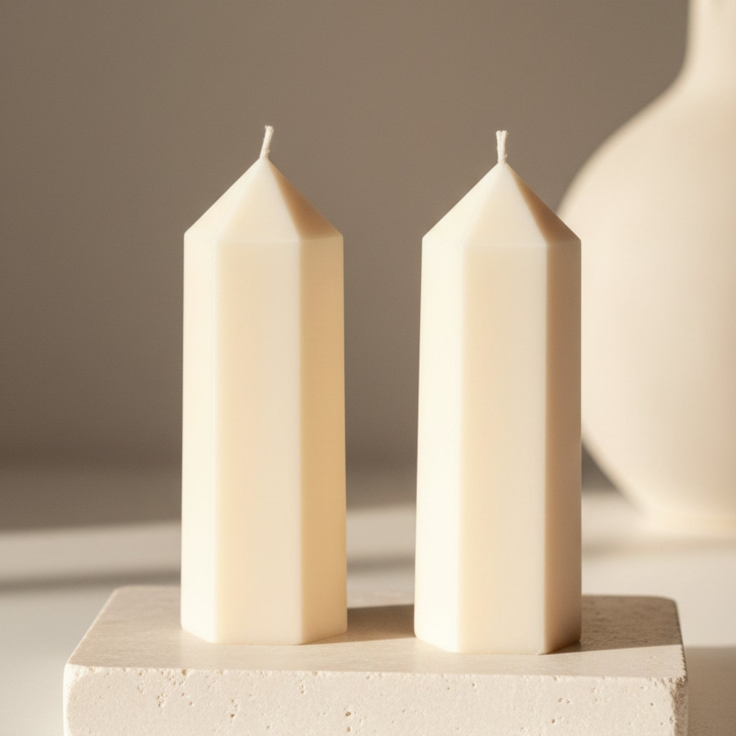 Cream ivory geometric obelisk tower soy candle set — smooth and faceted peak pillar candles, Estelle Studio artisan architectural home décor Canada