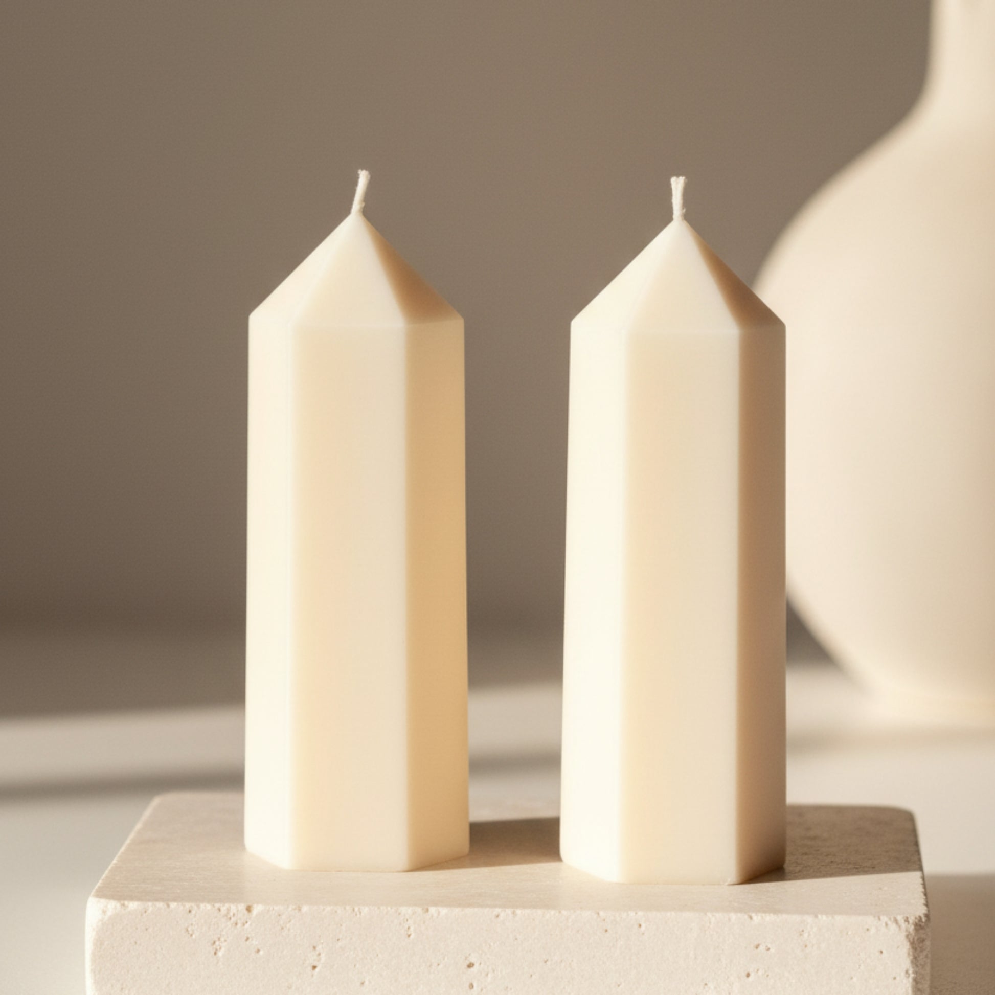 Cream ivory geometric obelisk tower soy candle set — smooth and faceted peak pillar candles, Estelle Studio artisan architectural home décor Canada