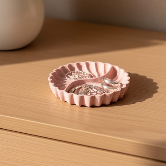 Dusty pink geometric round pleated jesmonite trinket tray and jewelry dish with silver rings on a dresser in warm natural light