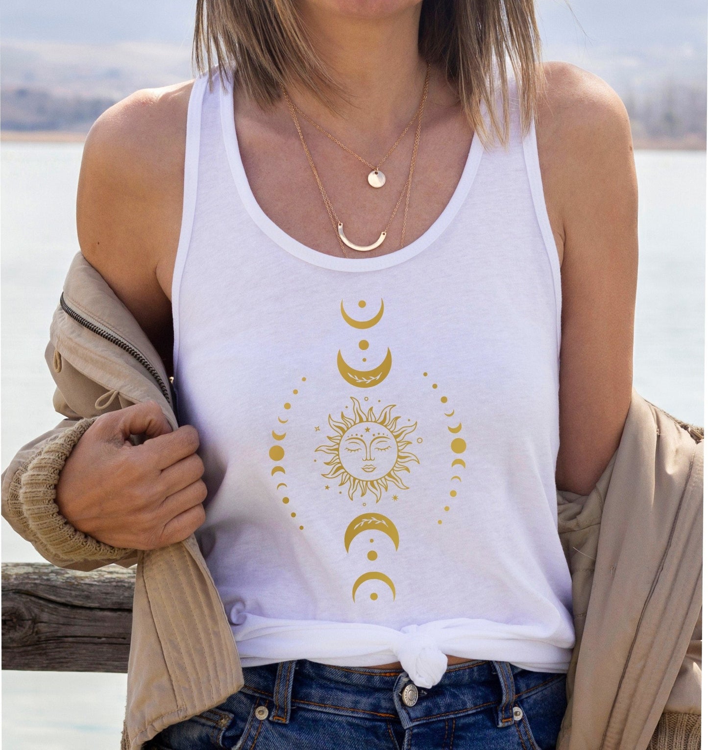 Gold Sun and Moon Phases Tank Top - Best Life Apparel