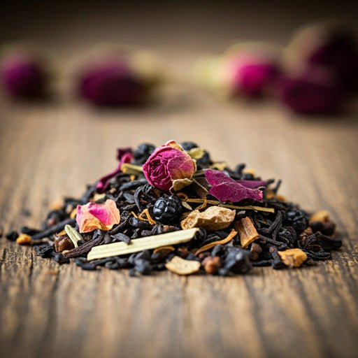 Heap of black tea leaves with pink rose petals on a wooden surface