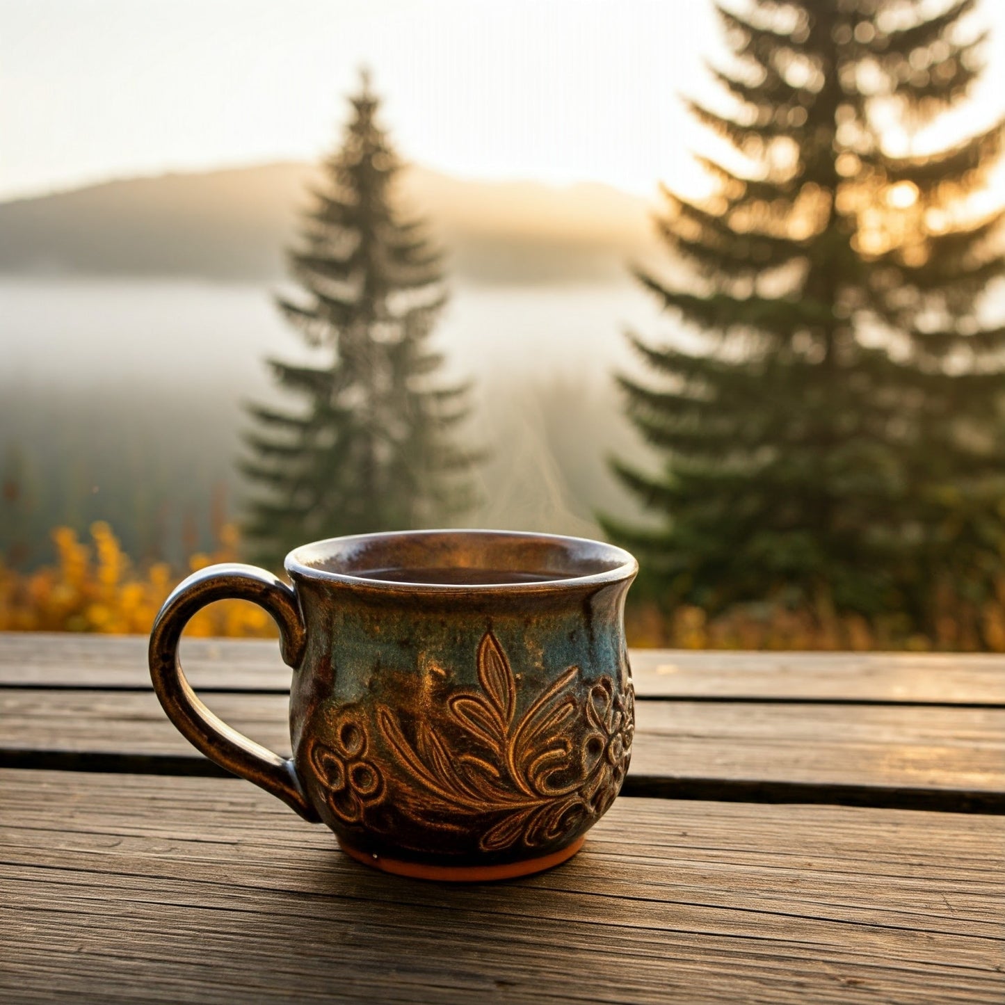 Decorative mug on a wooden table with a scenic background of trees and a lake.