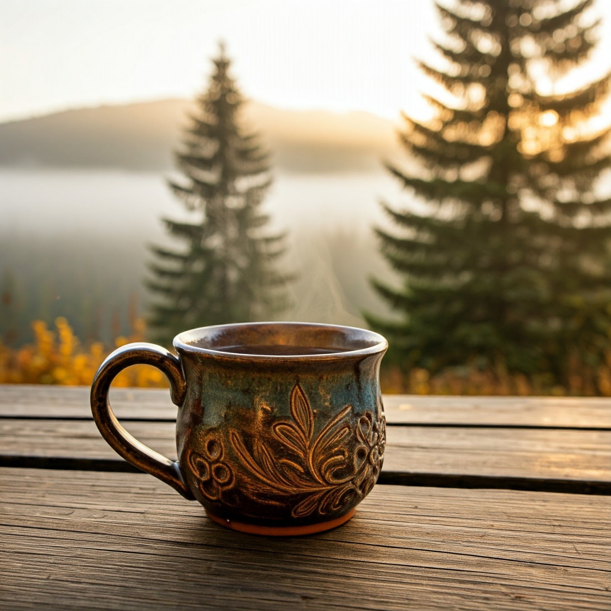 Decorative mug on a wooden table with a scenic background of trees and a lake.