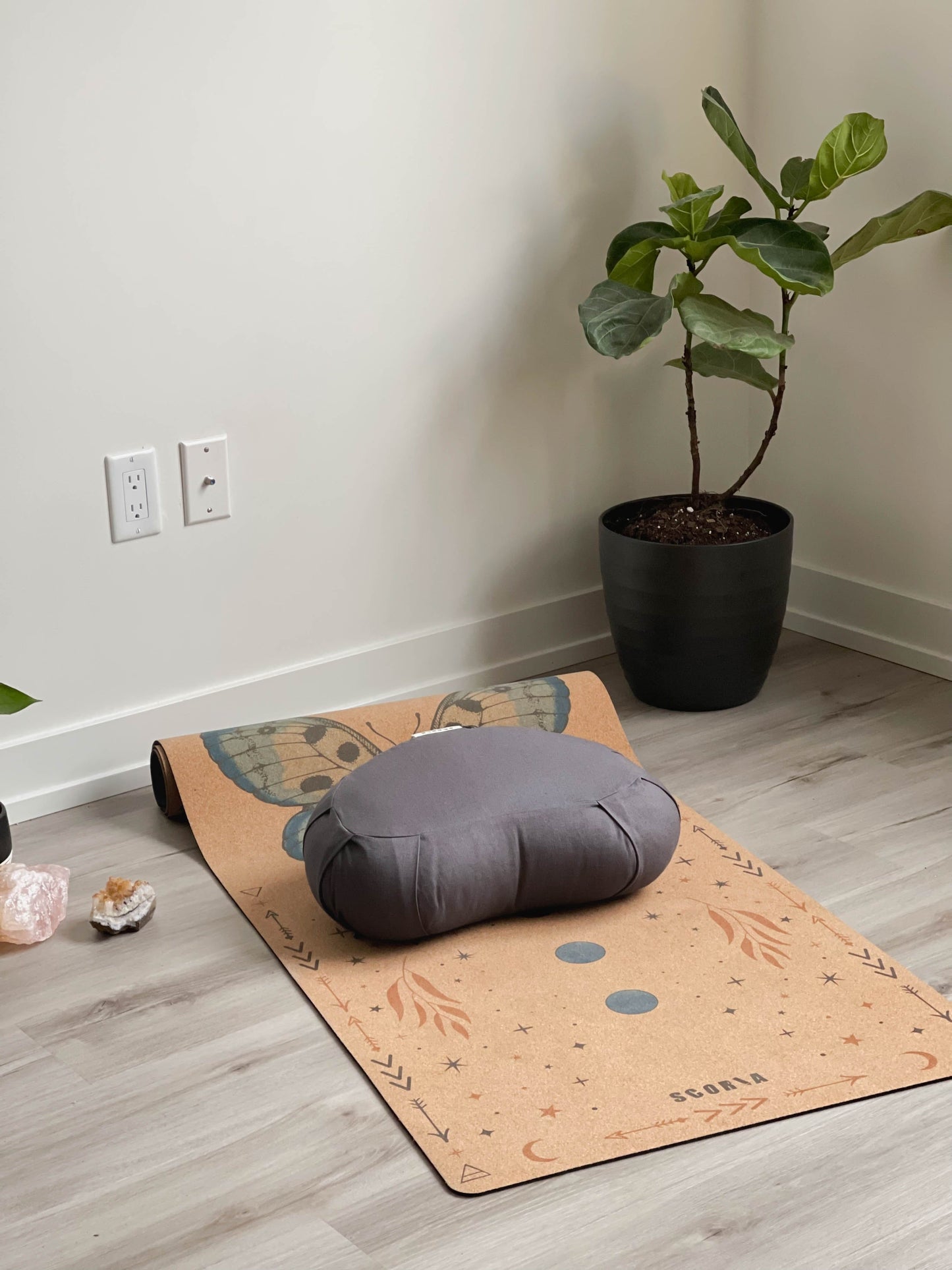 Yoga mat with a gray pillow on a wooden floor next to a plant