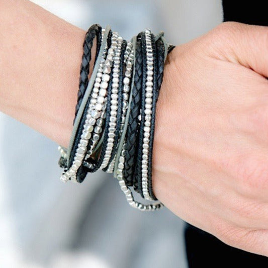 Handcrafted silver and black beaded wrap bracelet — ethically sourced bohemian jewelry made in India by Guru For Life