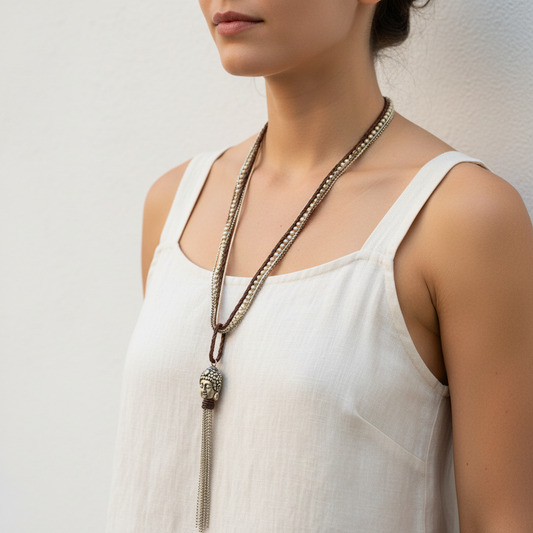 Multi-strand silver ball chain necklace with braided leather cord, antique silver Buddha head pendant and long chain tassel worn by a woman — handmade in India for boho and spiritual style