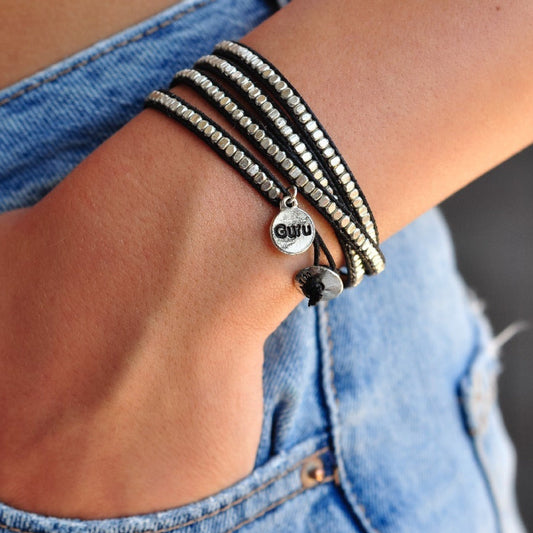 Handcrafted black double wrap bracelet — ethically sourced bohemian jewelry made in India