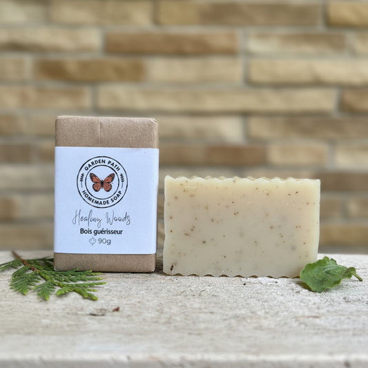 Healing woods natural bar soap handmade in Canada — cold process outdoor soap with geranium, fir needle and lavender essential oils, plantain, 90g