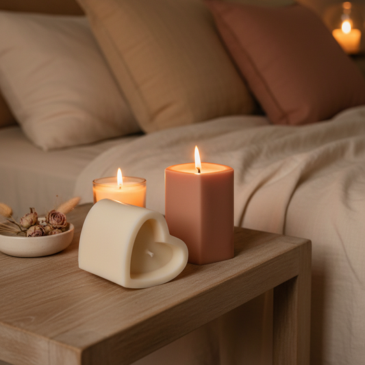 HeaEstelle Studio heart soy candle cream ivory styled in cozy bedroom — sculptural heart pillar candle romantic home décor gift Canadart Soy Pillar Candle — Lifestyle