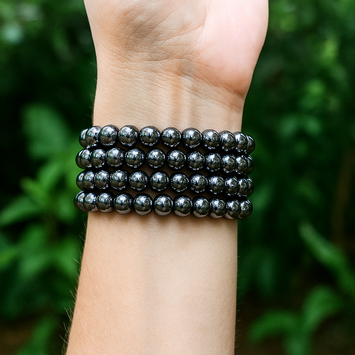 Hematite gemstone bracelet for women — metallic grey crystal bead bracelet for grounding and focus
