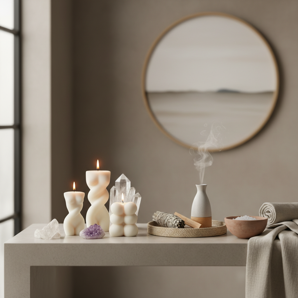 Home Decor Collection display of earthy luxury modern home decor items on a side table with a circle mirror