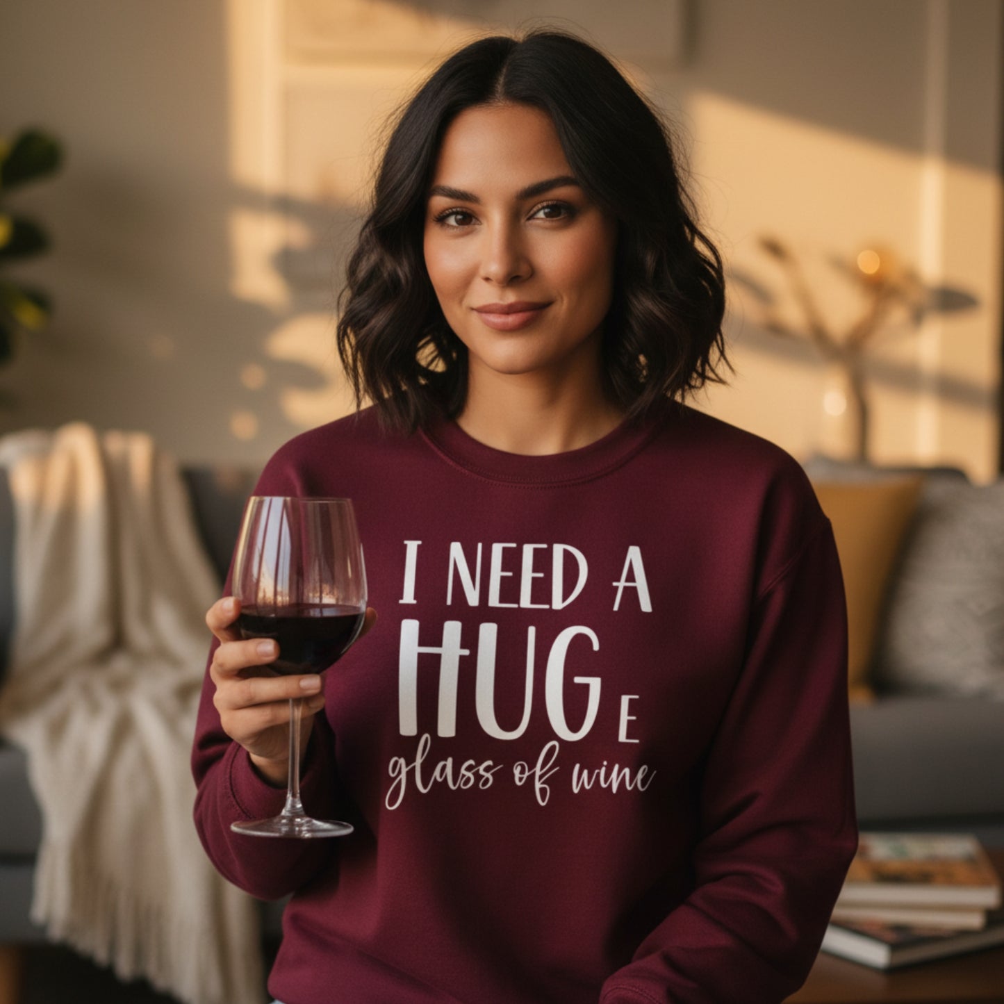 Maroon I Need A Huge Glass Of Wine women's sweatshirt — funny wine gift for her in a wine-coloured sweatshirt