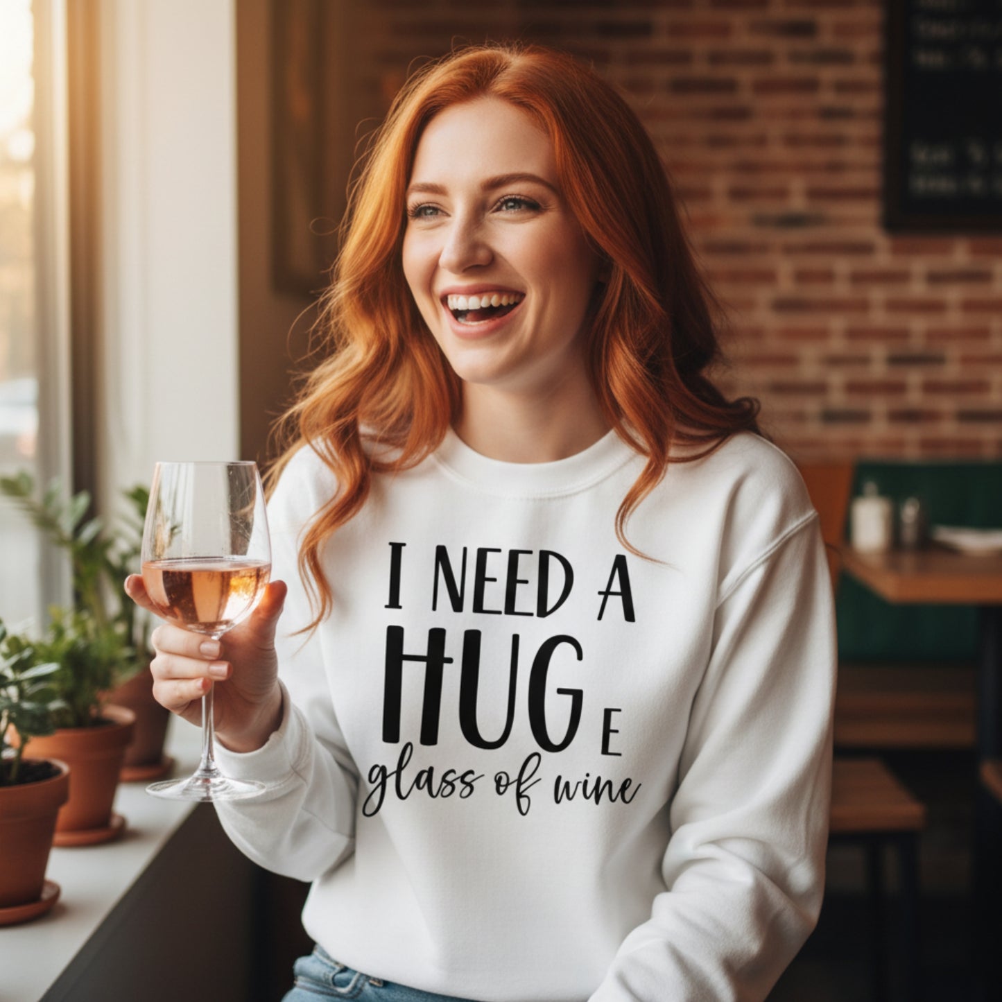White I Need A Huge Glass Of Wine crewneck sweatshirt — witty wine gift for women, perfect for birthdays and girls' nights
