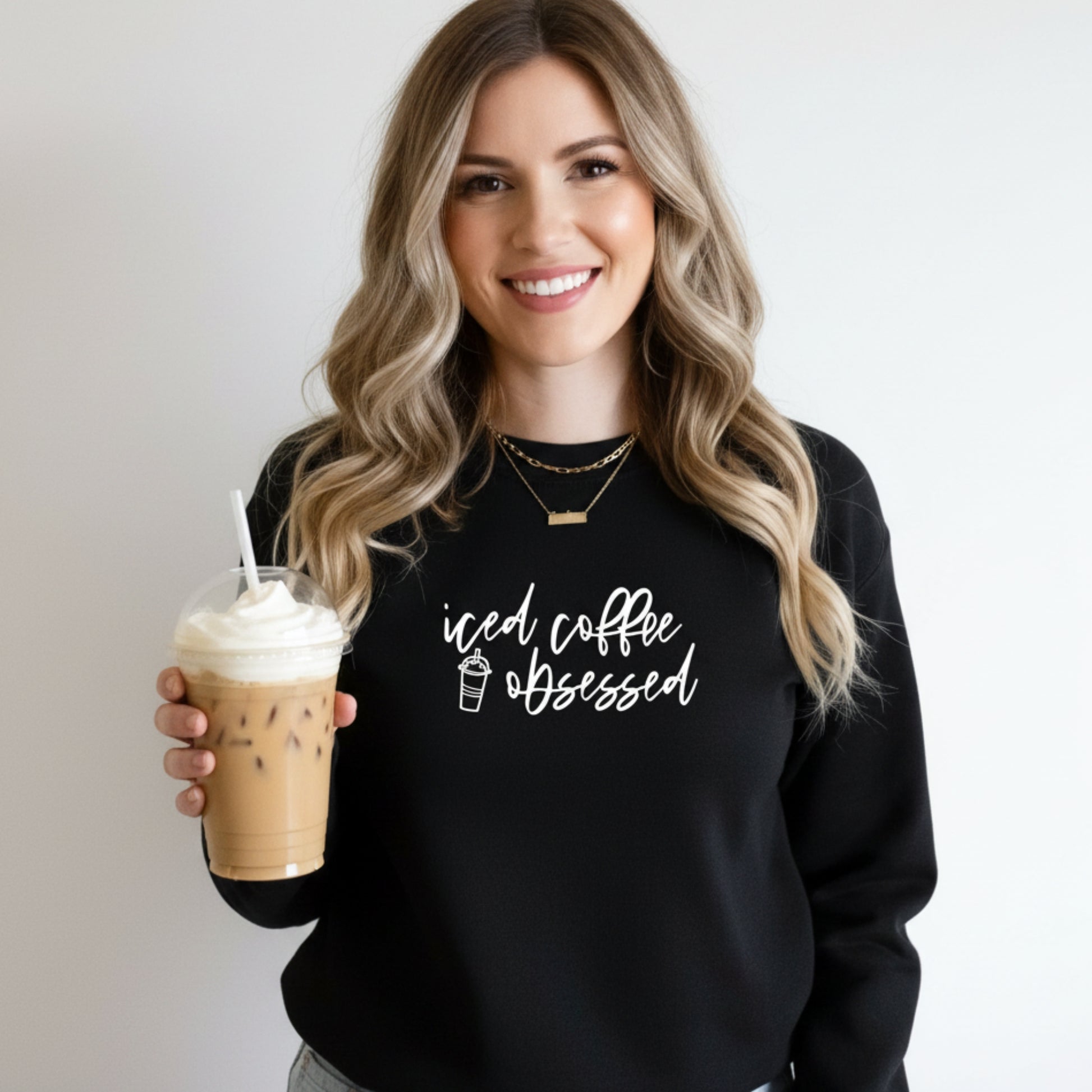 Women's Iced Coffee Obsessed crewneck sweatshirt — funny coffee lover gift for women