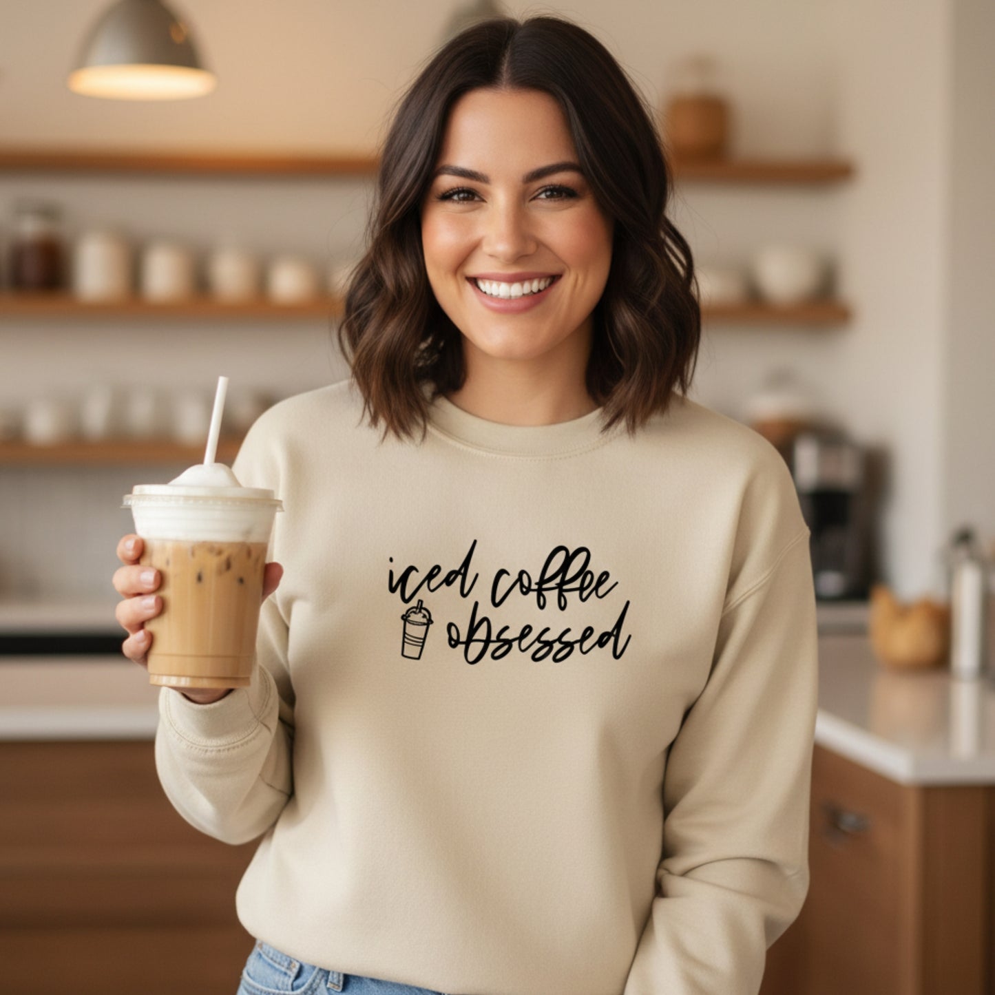 Sand Iced Coffee Obsessed crewneck sweatshirt — neutral toned iced coffee gift for women