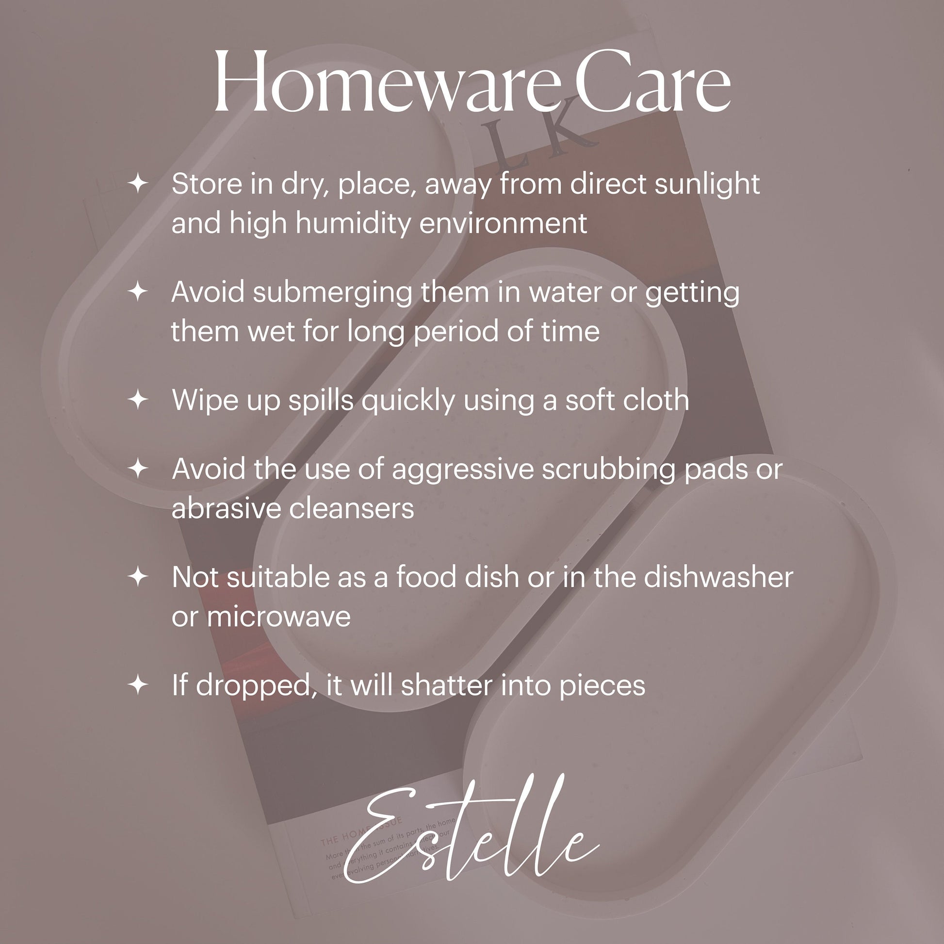 Homeware care instructions for a product with 'Estelle' branding.