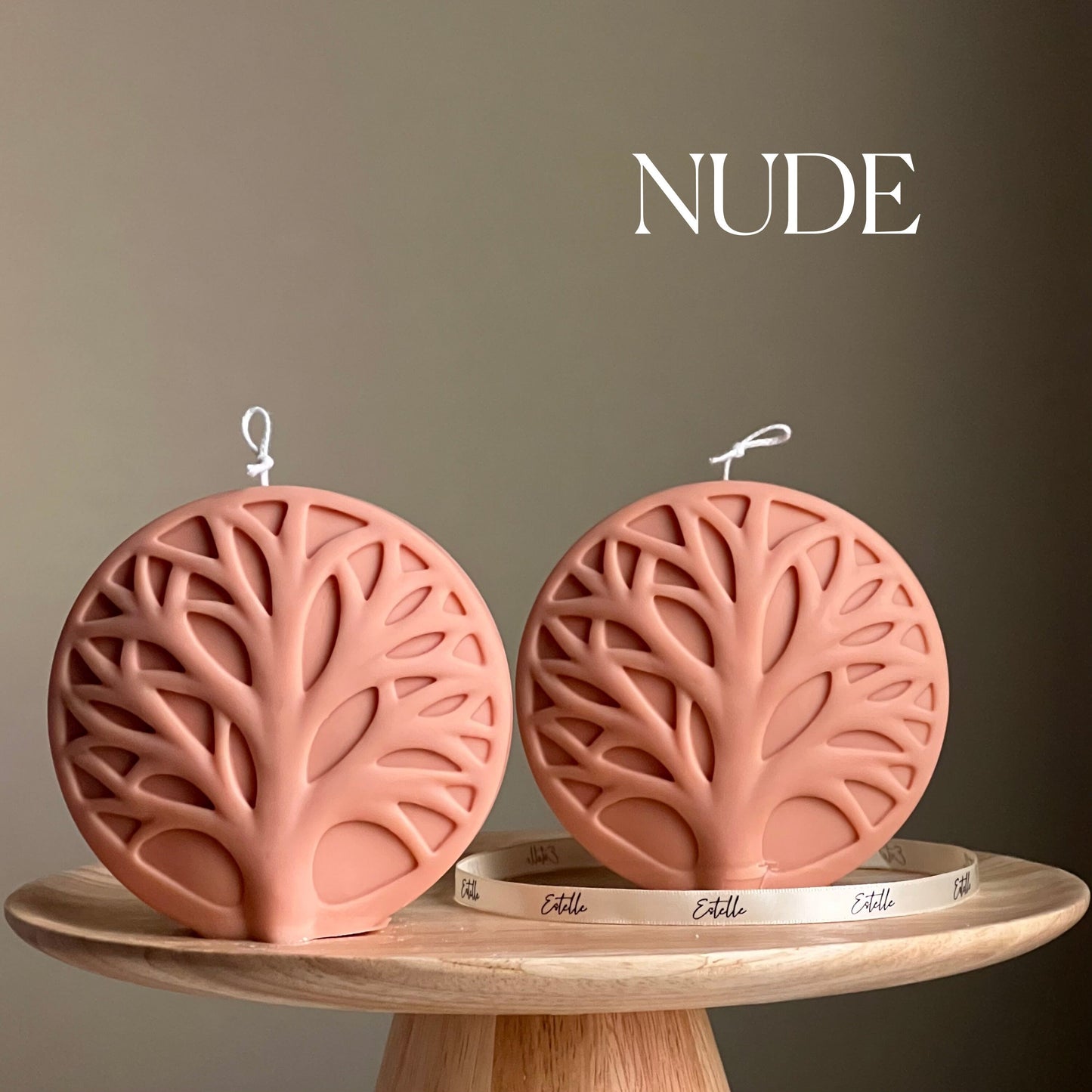 Round tree medallion soy pillar candle in nude
