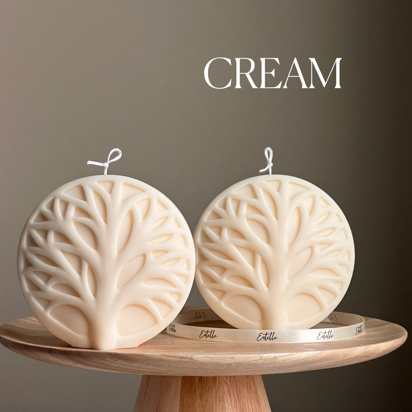 Round tree medallion soy pillar candle in cream