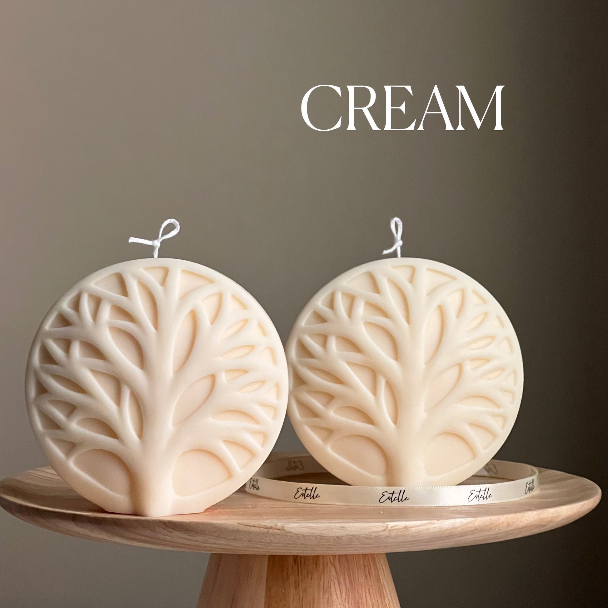Round tree medallion soy pillar candle in cream