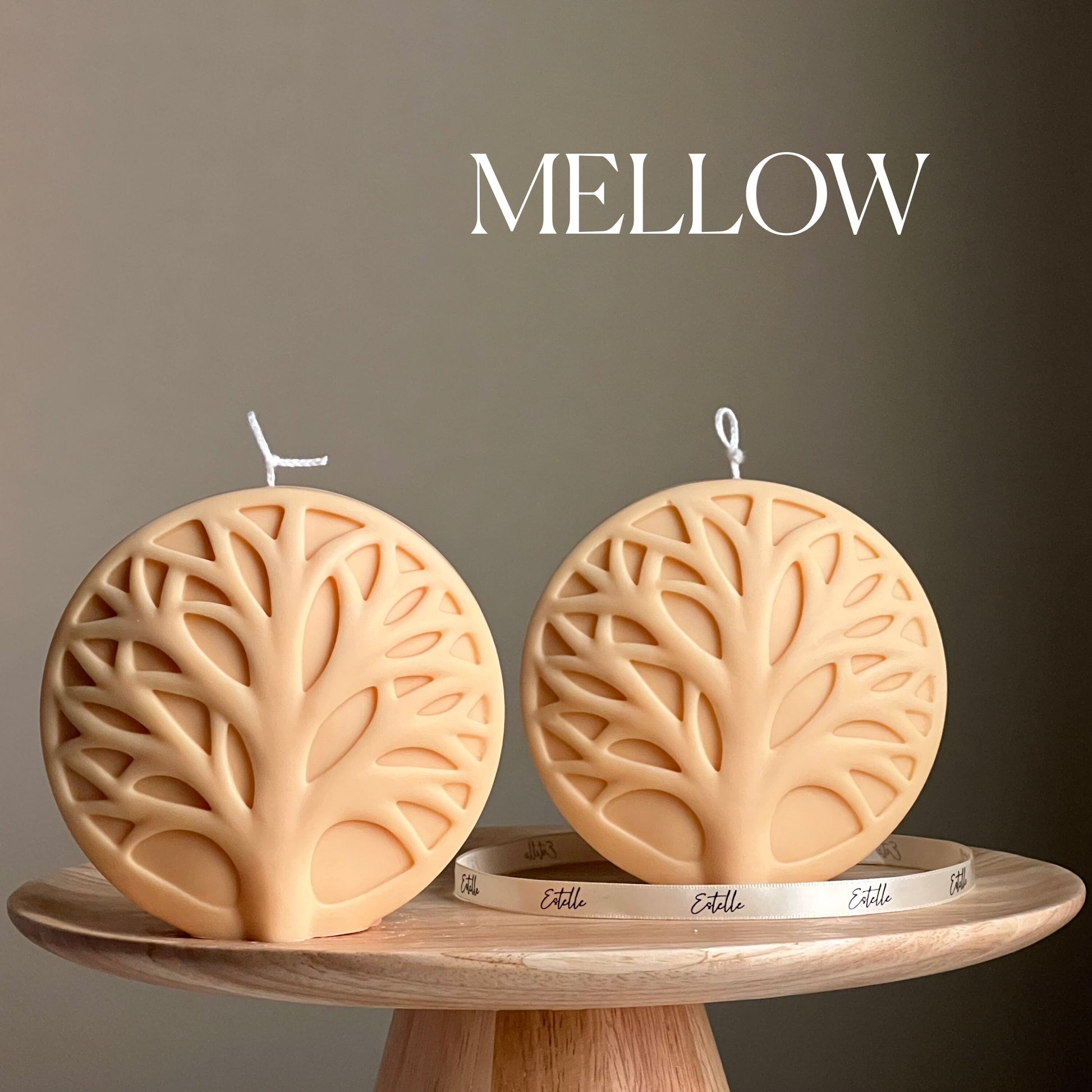 Round tree medallion soy pillar candle in mellow