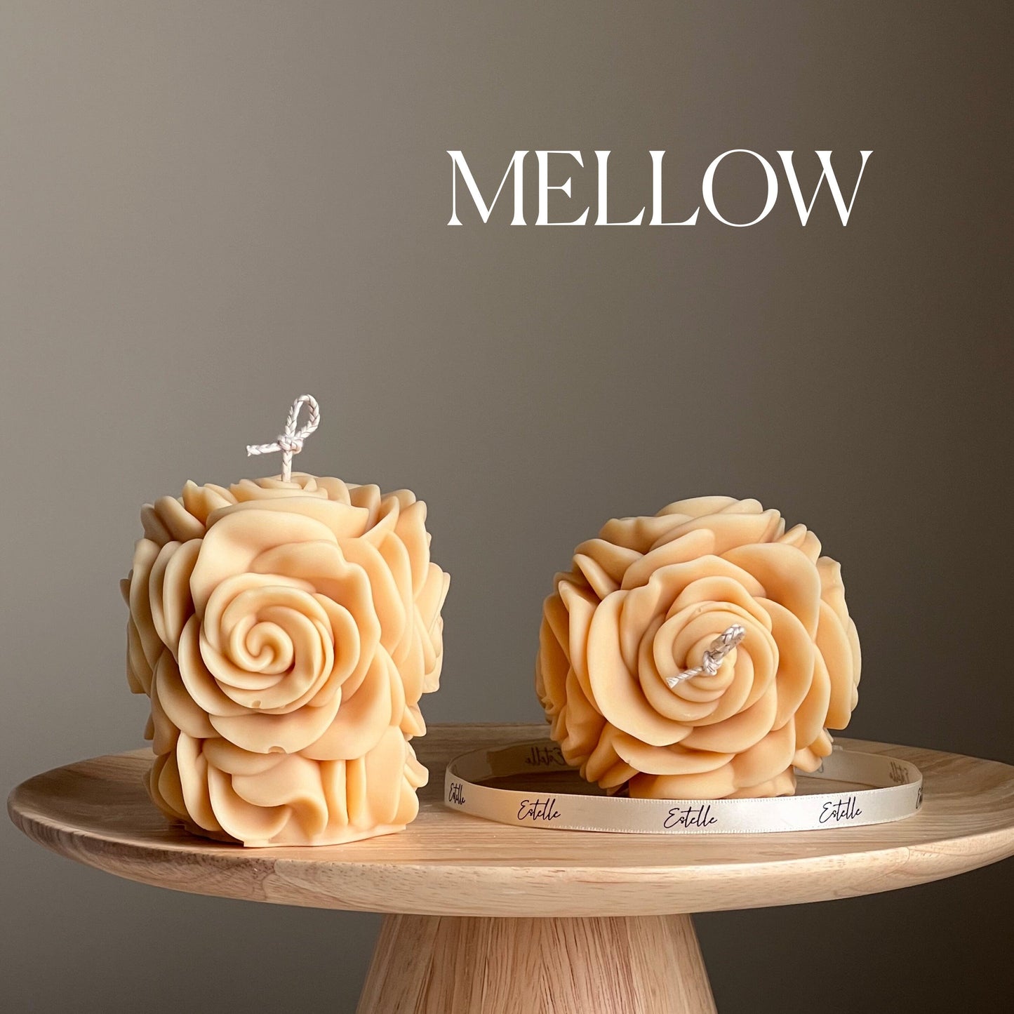 Handmade rose flower vegan soy pillar candle in mellow