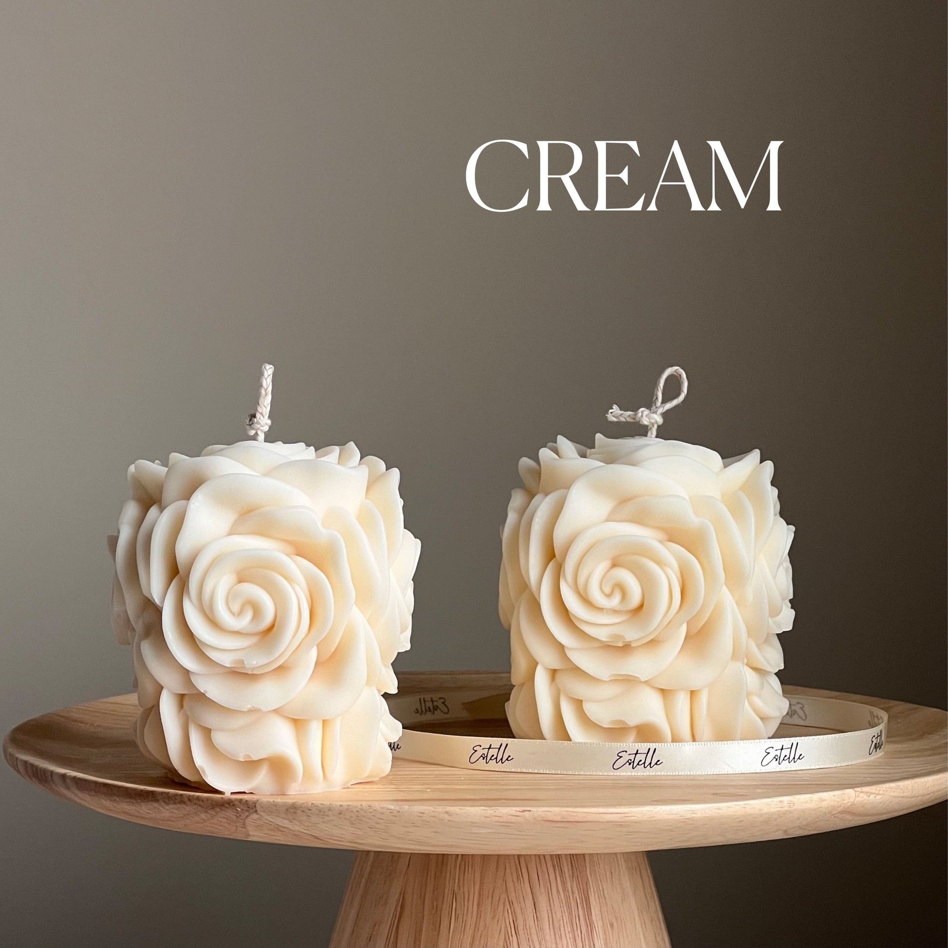 Handmade rose flower vegan soy pillar candle in cream