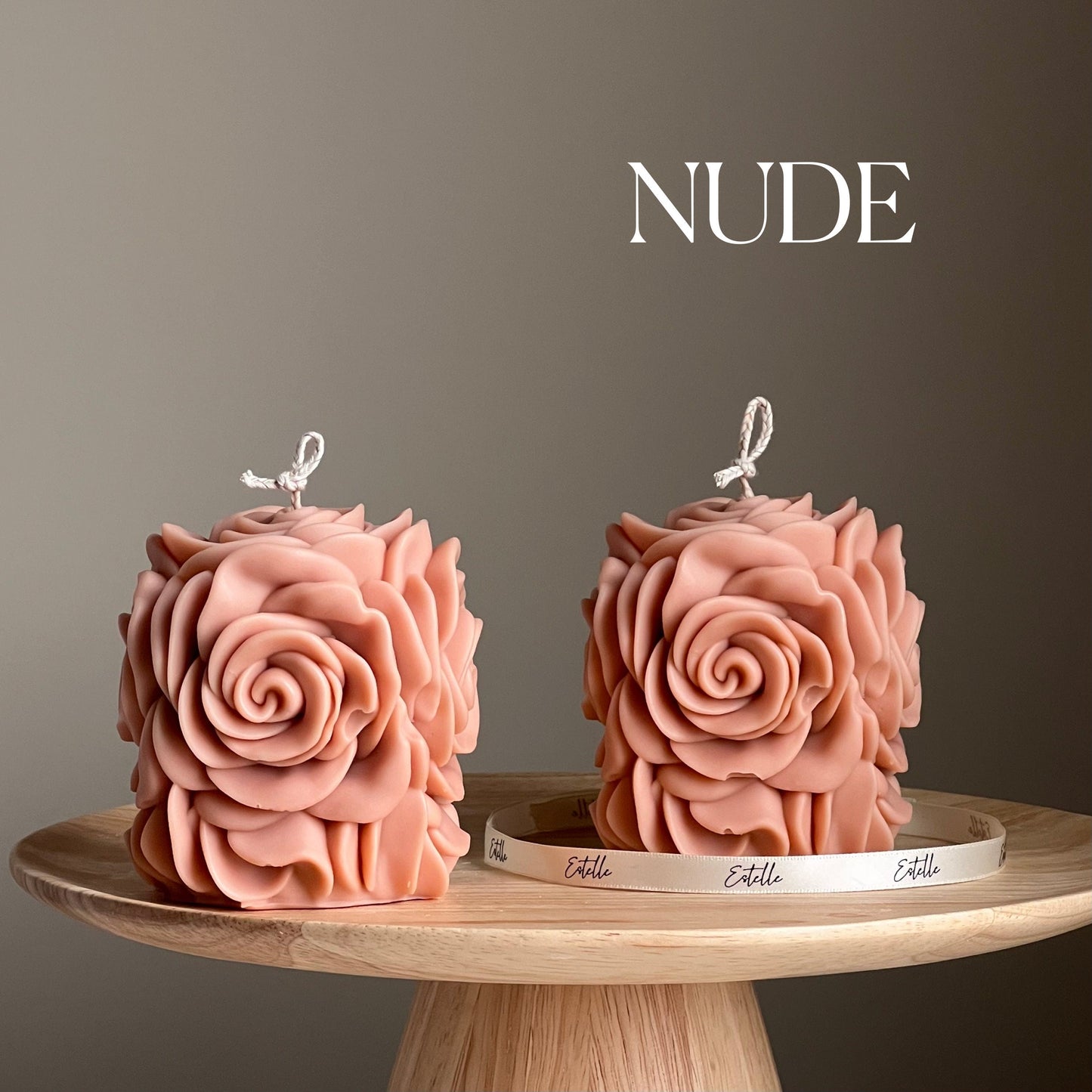 Handmade rose flower vegan soy pillar candle in nude