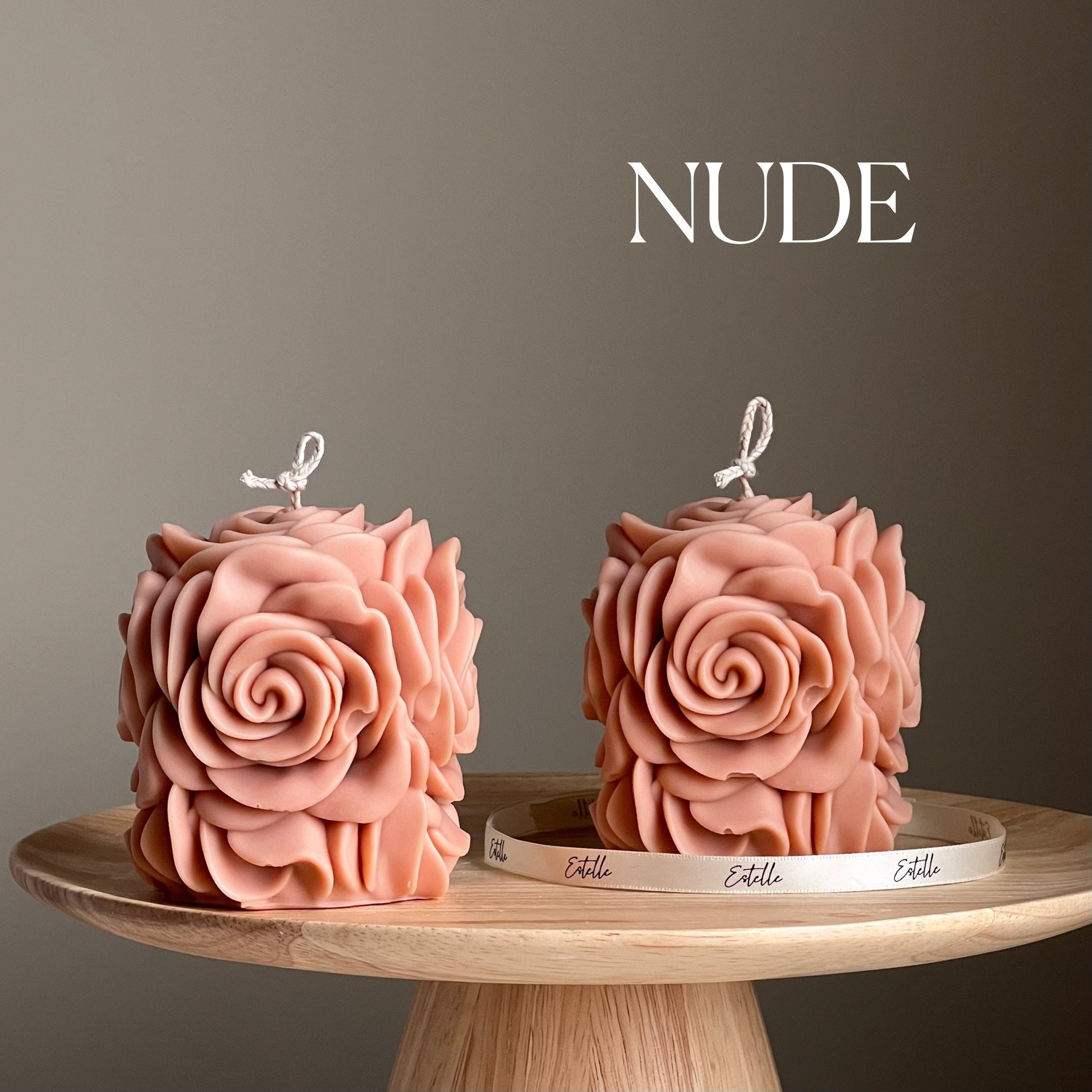 Handmade rose flower vegan soy pillar candle in nude
