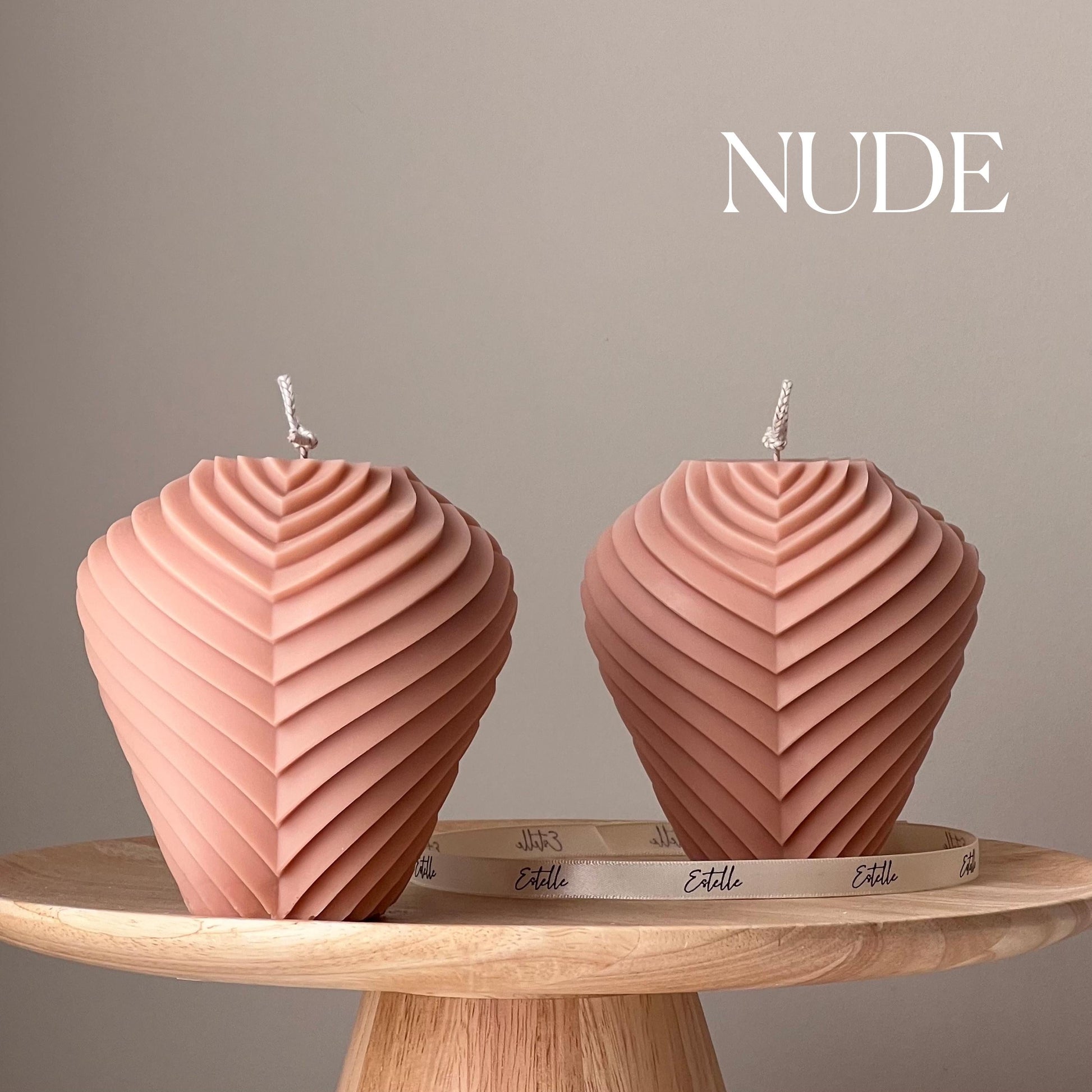 Large ribbed soy pillar candle in nude