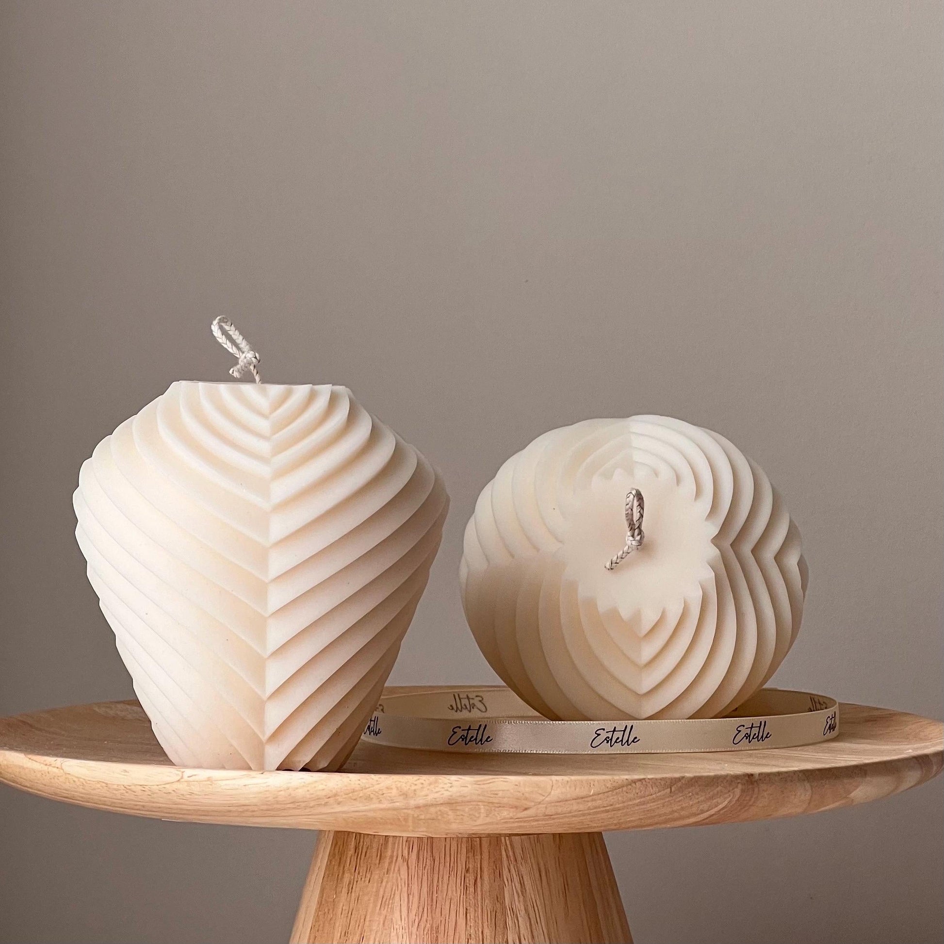 Large ribbed soy pillar candle in cream