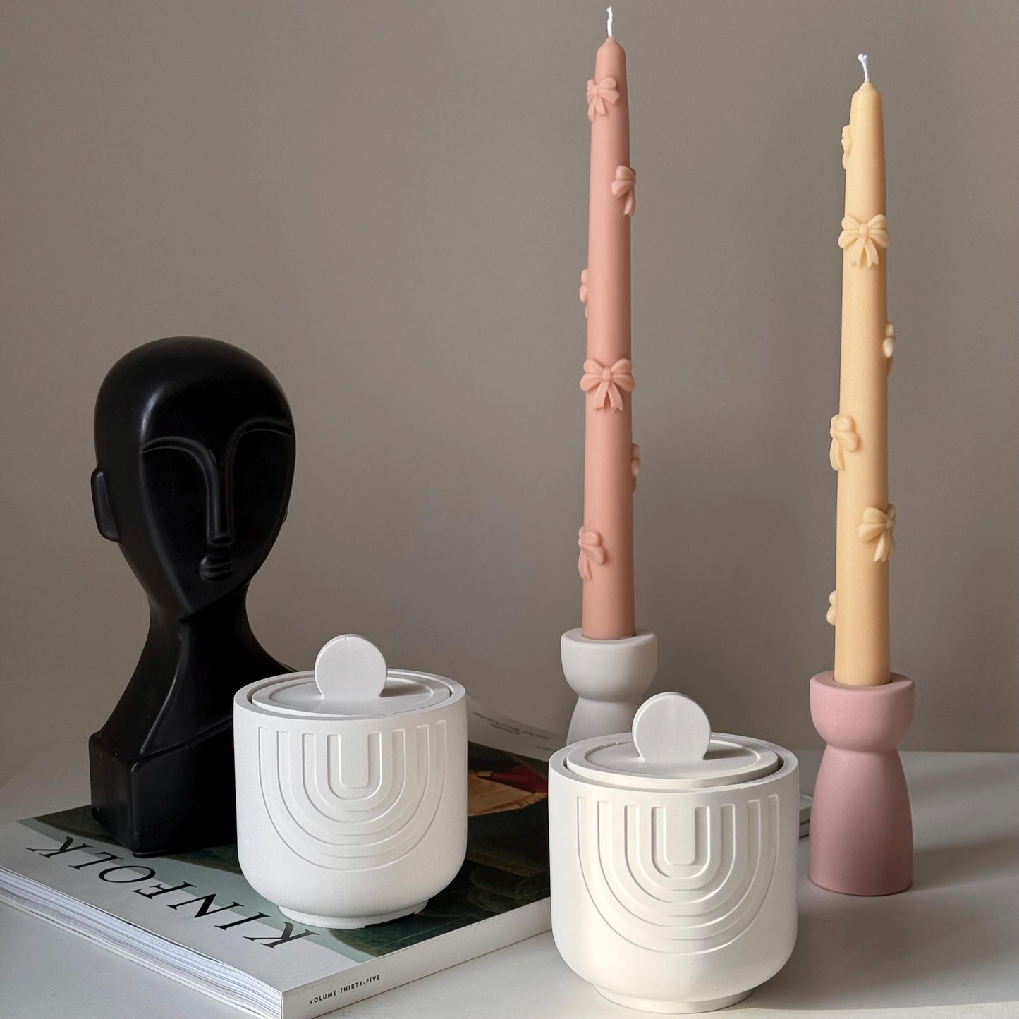 Handmade geometric soy candle jesmonite vessel top view