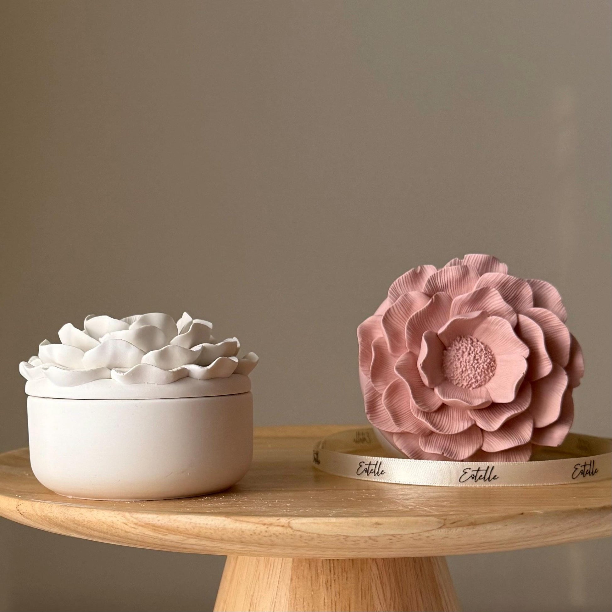 Camelia flower jesmonite candle vessel lifestyle shot