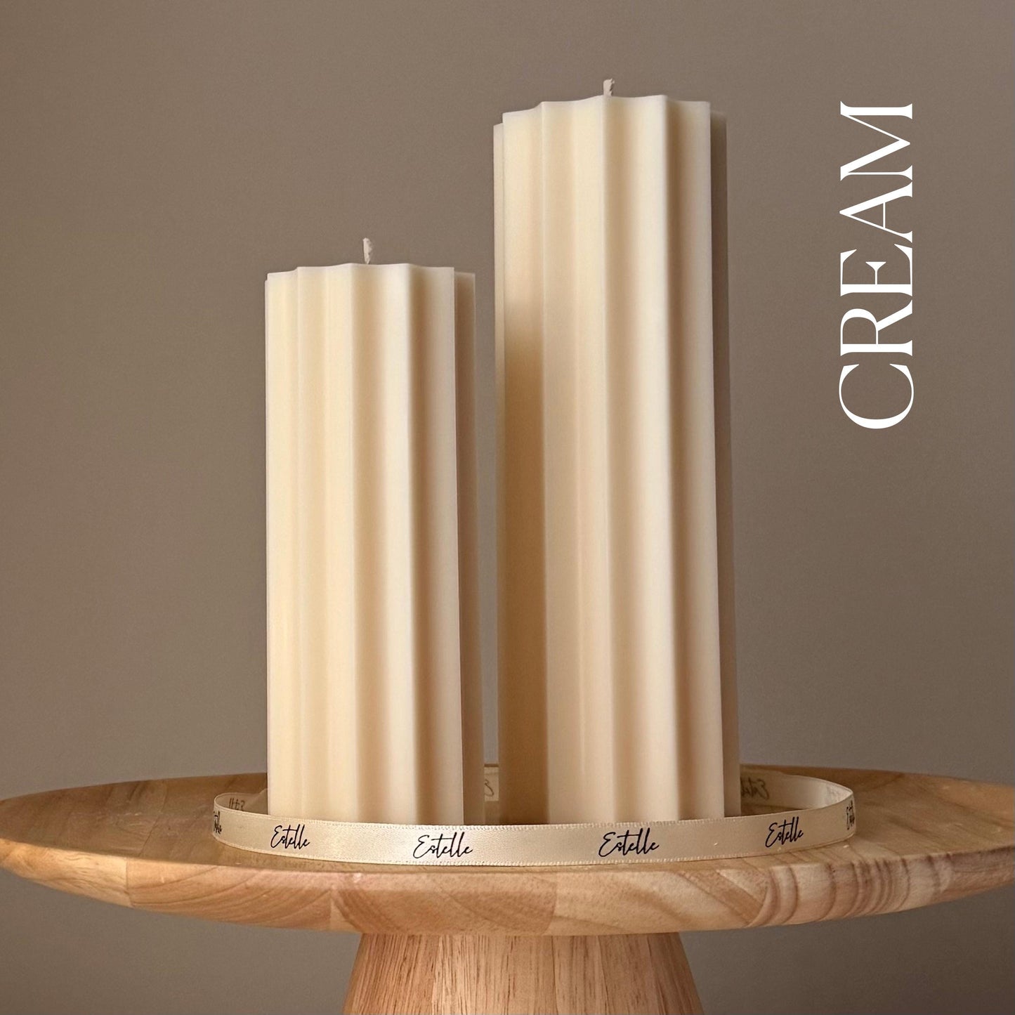 Large ribbed soy pillar candle in cream
