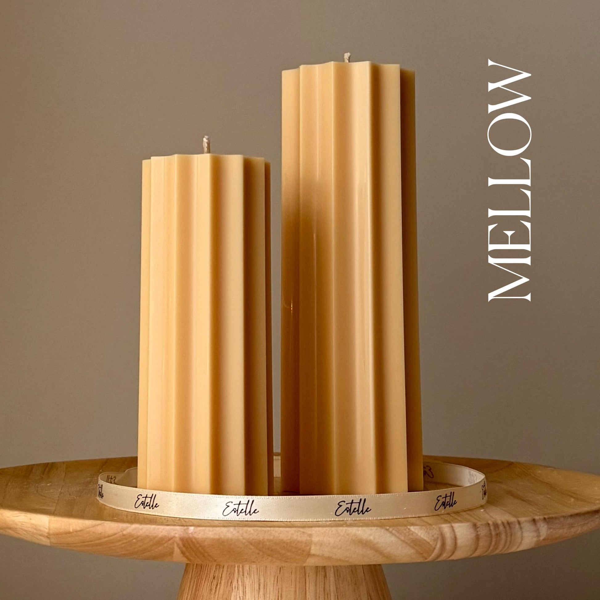 Large ribbed soy pillar candle in mellow