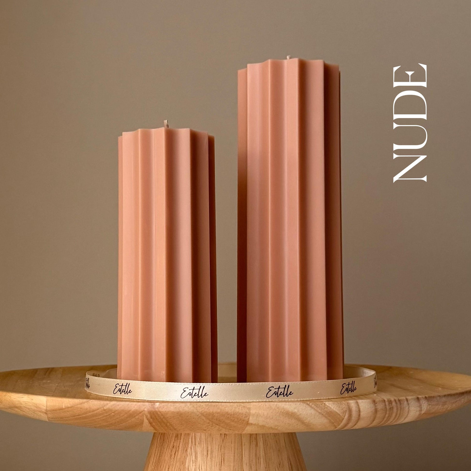 Large ribbed soy pillar candle in nude
