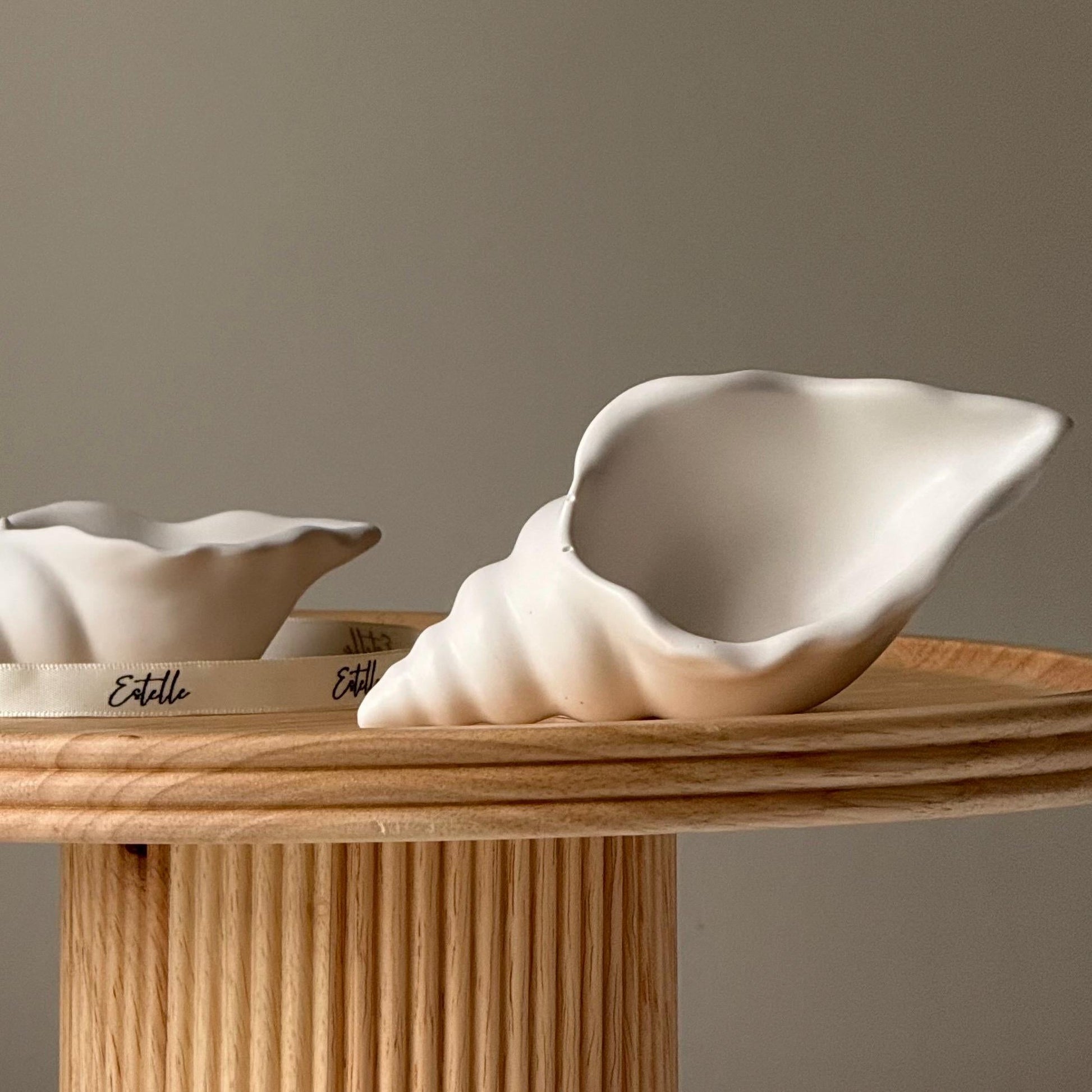 Conch shell shaped jewelry dish in jesmonite, top view