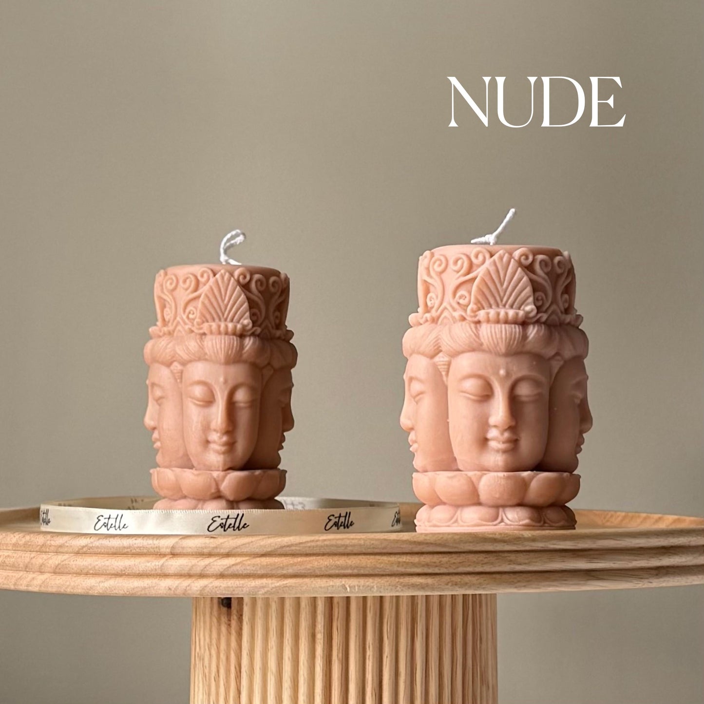 Buddha face soy pillar candle in nude