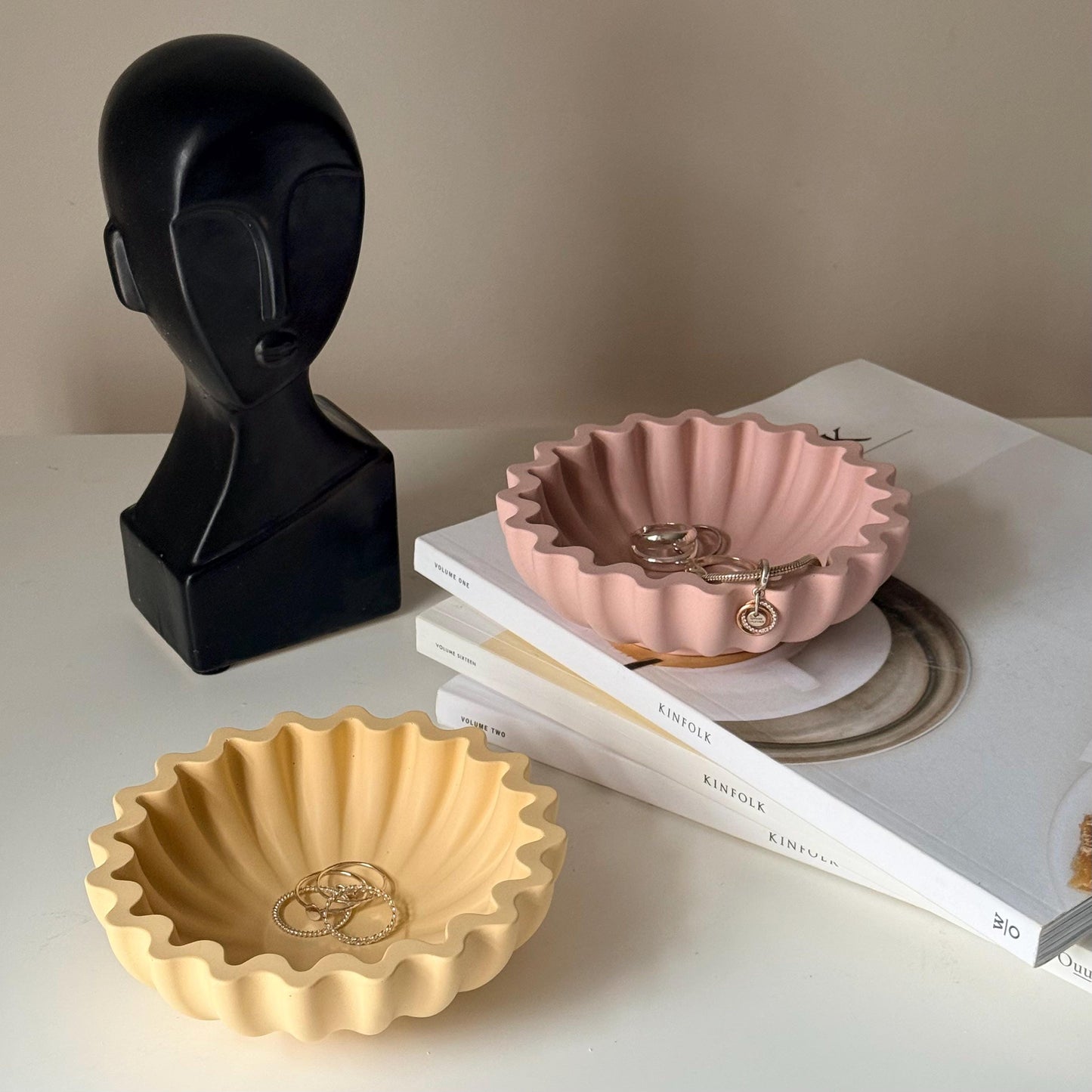 Handmade pleated geometric jewelry dish lifestyle shot