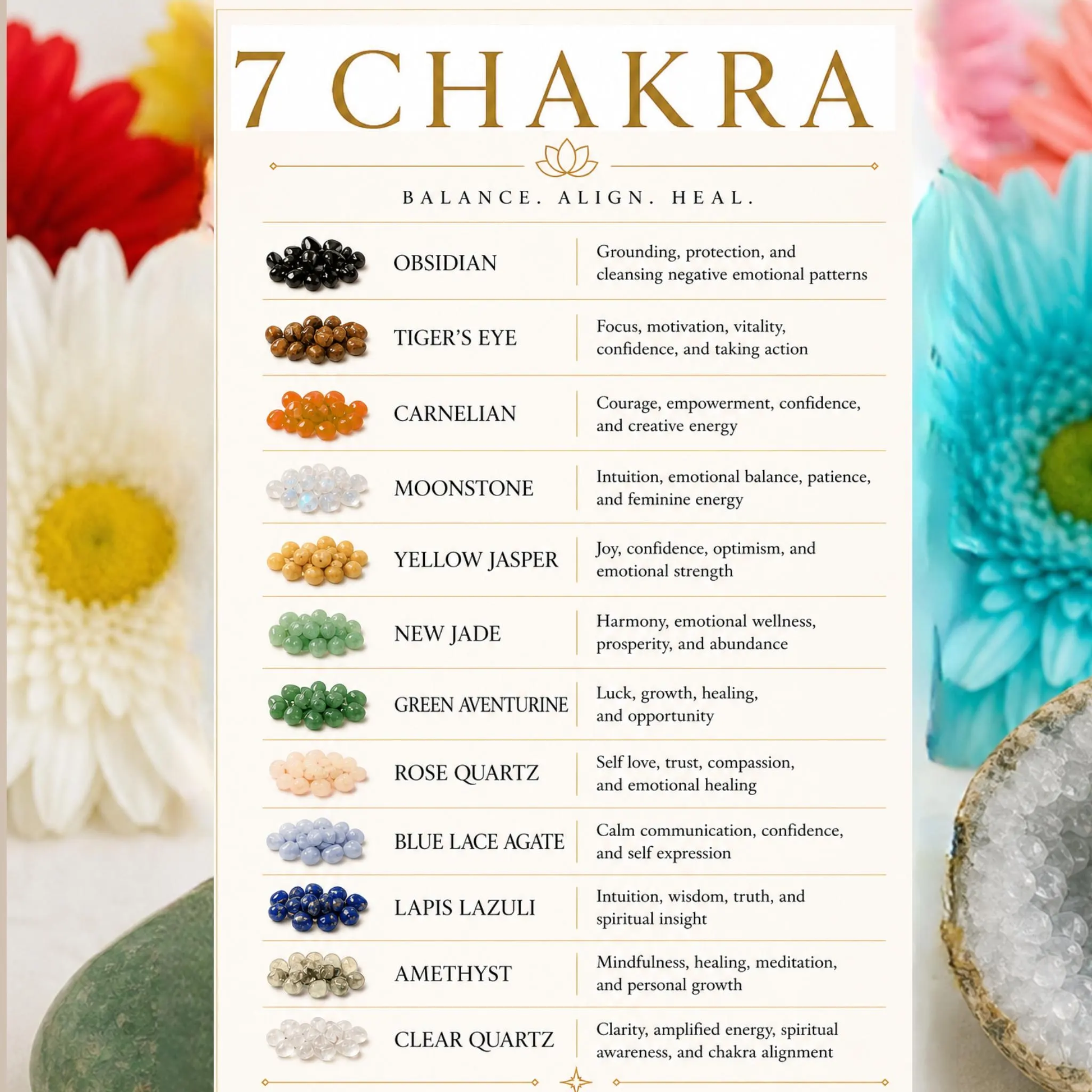 properties card for Multi-stone chakra healing bracelet — Amethyst, Rose Quartz, Lapis Lazuli, and Carnelian crystal chips for full energy alignment