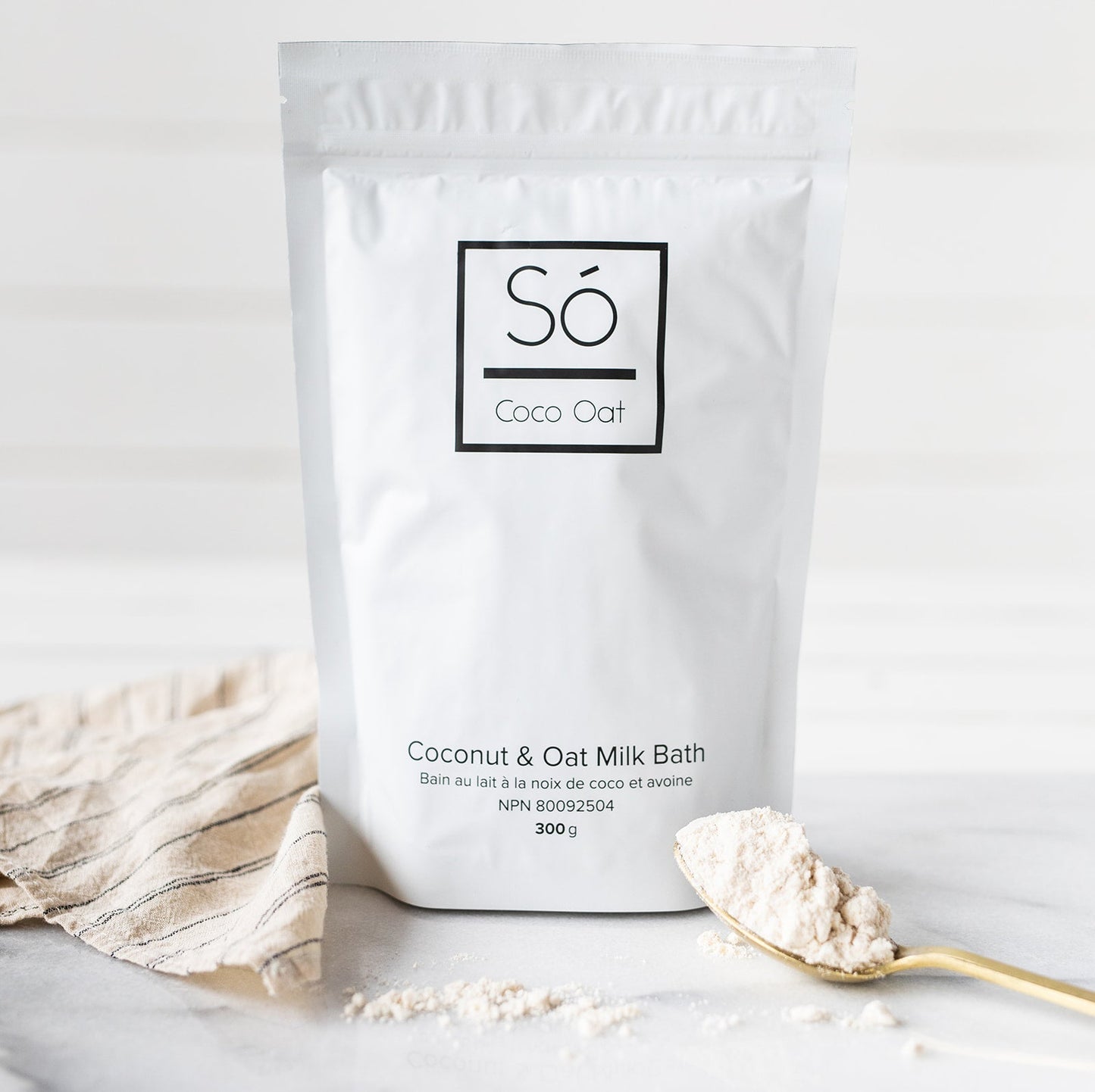 Coco Oat coconut and oat milk bath package on a light background