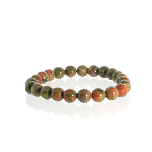 Balancing and heart-healing unakite bead bracelet in green and red