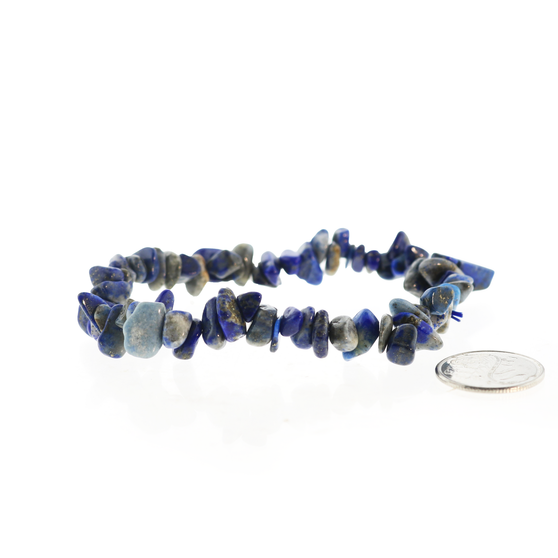 Lapis lazuli bead bracelet close-up showing natural deep blue and gold flecks