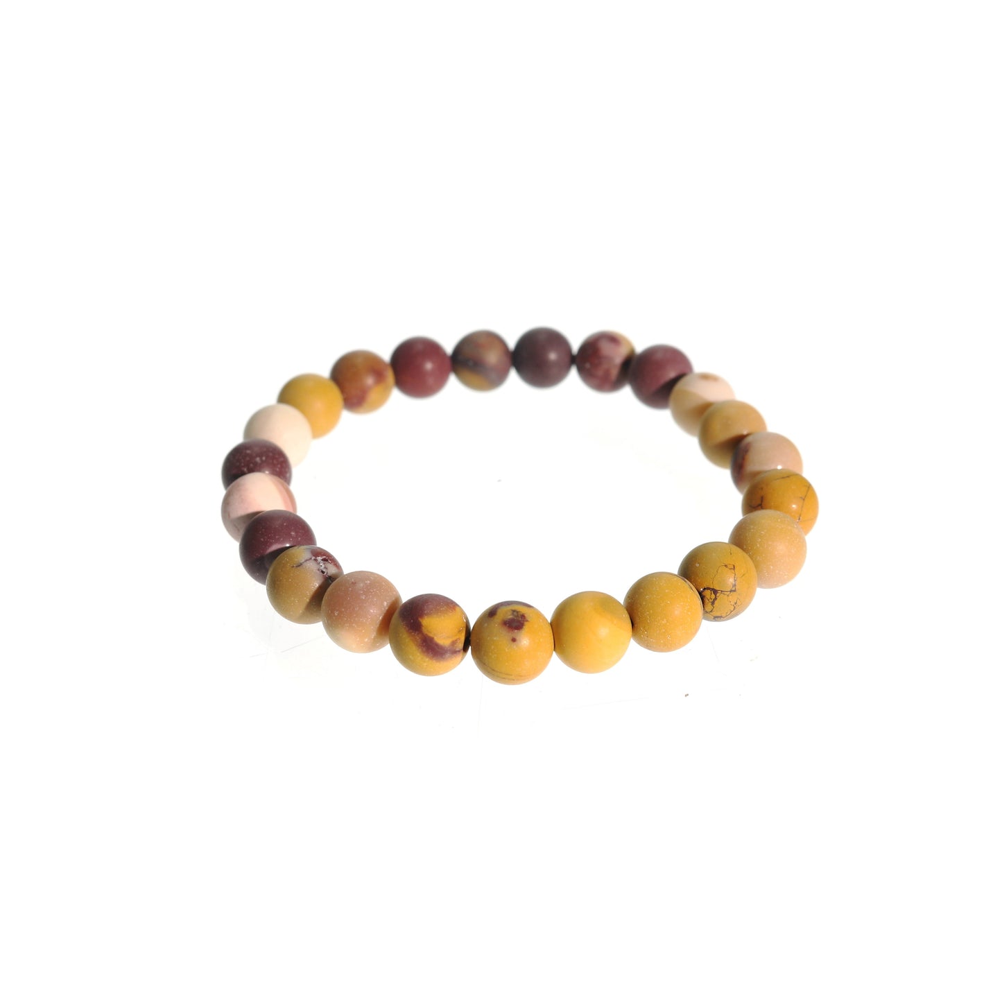 Mookaite jasper bracelet close-up showing natural red, yellow and purple tones