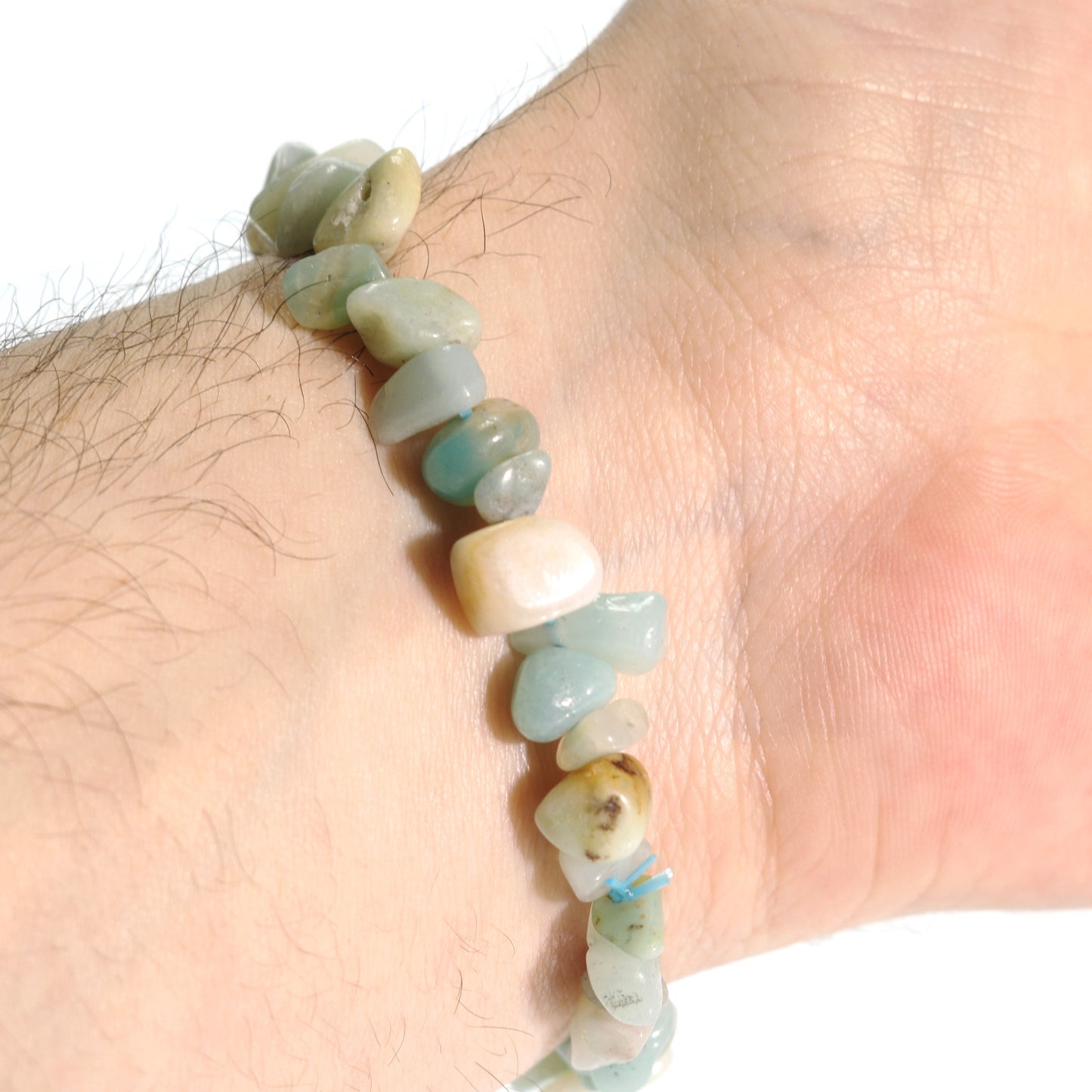 Amazonite crystal bracelet close-up showing natural teal green stone