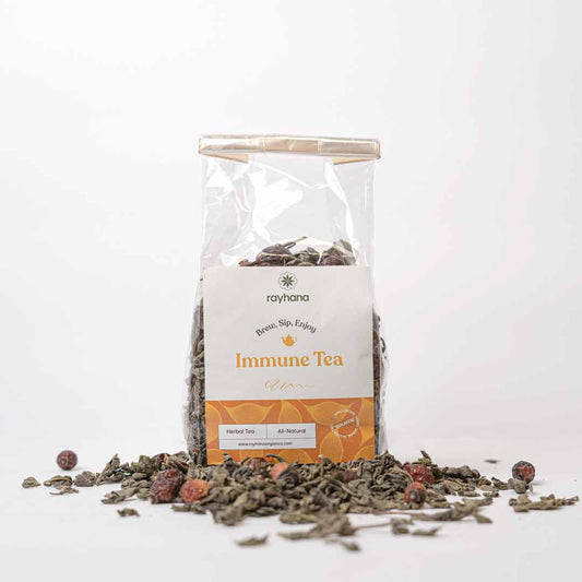 Immune-boosting herbal tea blend by Rayhana Organics — dried botanicals for natural cold and flu defence