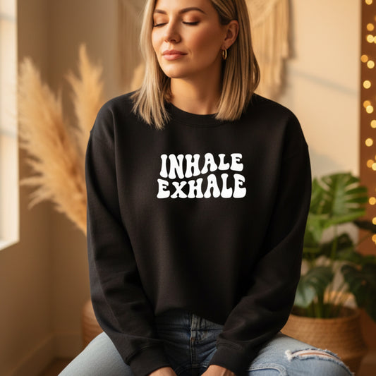Women's Inhale Exhale groovy print crewneck sweatshirt — retro-inspired mindfulness gift for women who breathe deep and live free