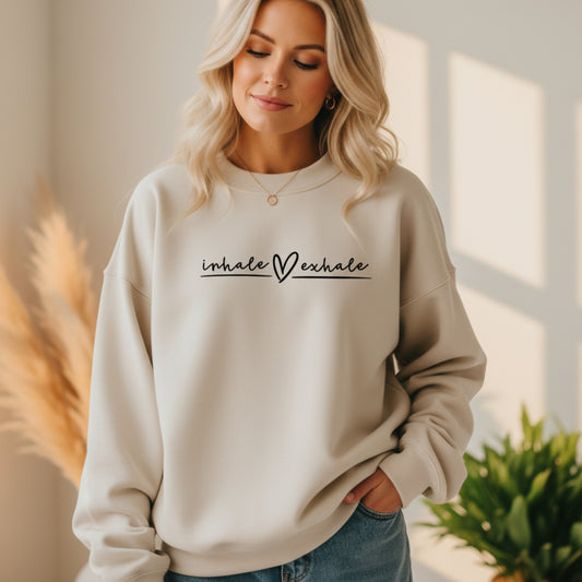 Sand Inhale Exhale women's crewneck sweatshirt — mindfulness and breathwork gift for women